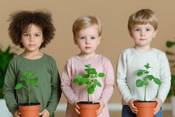 three children holding potted plants, showcasing their green thumbs and love for gardening in a simp