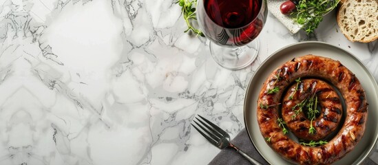 Aufkleber - Spiral grilled sausage with veggies and herbs accompanied by a glass of red wine and cutlery set on a marble table with copy space image