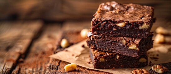 Poster - Indulge in a decadent chocolate brownie with a sprinkling of nuts Enjoy this delightful chocolate treat with your tea or coffee made from a blend of sugar flour chocolate and eggs with a copy space im