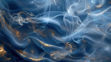 Wall Mural - An abstract wallpaper design featuring ethereal smoke swirls in indigo, intermingled with golden highlights, against a backdrop that emulates the fine texture of silk.