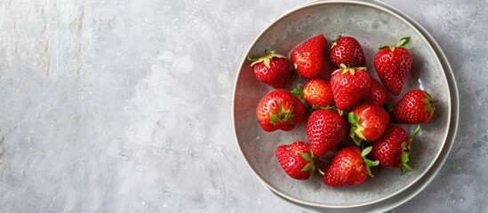 Poster - A vibrant array of ripe strawberries is placed on a gray plate against a light wooden backdrop creating a vibrant copy space image with a focus on a juicy red berry promoting healthy vegetarian detox