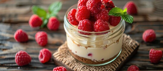 Leinwandbilder - Homemade summer berry dessert featuring raspberry cheesecake in a glass jar garnished with fresh raspberries and cream cheese on a wooden backdrop perfect for copy space image