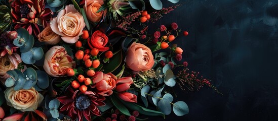 Fototapete - A stylish arrangement of flowers including roses and tulips in a wedding bouquet with decorative plants displayed elegantly Top view with room for text or a logo in the image. with copy space image
