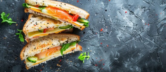 Aufkleber - A nutritious sandwich with cheese veggies and red fish displayed on a table for a wholesome break Highlighted by selective focus in a top view copy space image