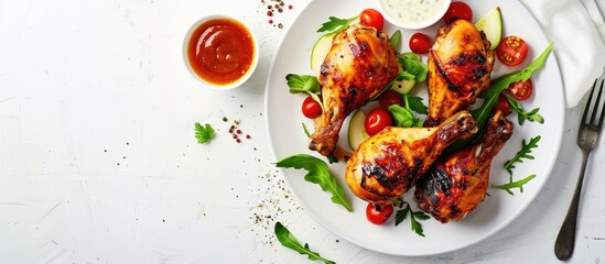 A plate with honey and mustard glazed roast chicken veggies and spicy sauce set against a blank background for copy space image