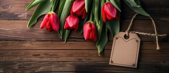 Aufkleber - Red tulips for Valentine s day on wooden backdrop with empty tag for copy space image