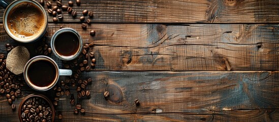 Fototapete - Coffee mugs roasted beans on a wooden table with a copy space image for the background in a flat lay perspective
