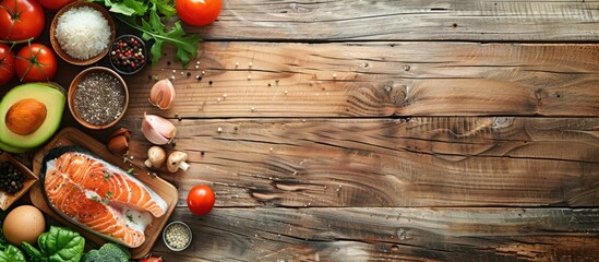 Poster - Various nutritious foods displayed with a diet plan on a wooden table providing ample copy space image