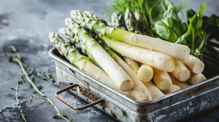 Poster - Fresh spring produce in metal container Healthy eating idea Focus on white asparagus Room for text