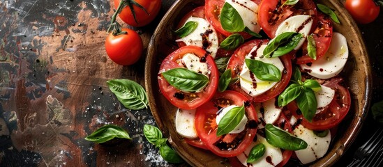 Poster - Top view of Italian caprese salad featuring sliced tomatoes mozzarella cheese basil olive oil and balsamic vinegar with copy space image available