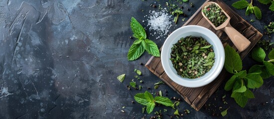 Fototapete - Rustic board with fresh green and dried mint in a white mortar promoting healthy lifestyle and nutrition Perfect for a copy space image
