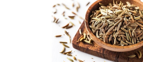 Poster - A wood board holds a brown bowl filled with fennel seeds on a white background providing room for a copy space image