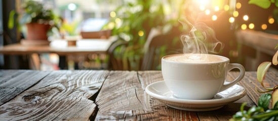 Aufkleber - A cozy cafe setting with a steaming cup of cappuccino on a rustic table is captured in the morning coffee image with copy space