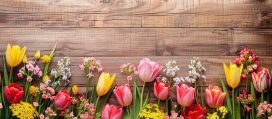 Aufkleber - Wooden background featuring a display of vibrant spring flowers with copy space image