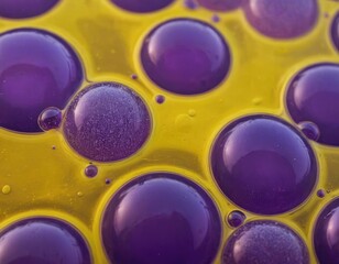 Wall Mural - Close Up View of Purple and Yellow Bubbles in a Liquid. Generative AI