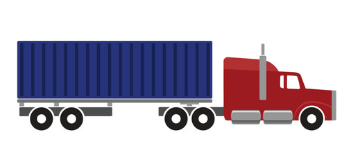 Sticker - simple semi trailer long nose container truck articulated red blue side view icon symbol vector transparent background