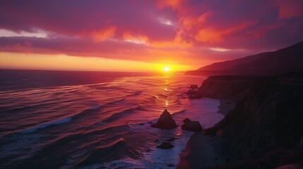 Canvas Print - Sunset Over the Pacific Ocean with Dramatic Clouds