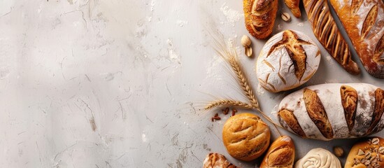 Poster - Various types of freshly baked homemade natural breads displayed in the background with a top view allowing ample copy space for an image