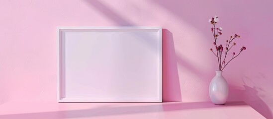 Sticker - Minimalistic flat lay background with pastel pink paper texture and an empty picture frame mockup providing copy space image