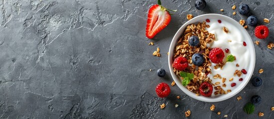 Aufkleber - Top view of a healthy breakfast consisting of granola with berries and yogurt on a grey stone background with copy space image available
