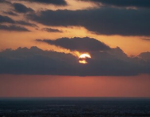 Wall Mural - Sunset Over a Cityscape With Clouds and a Golden Sky. Generative AI