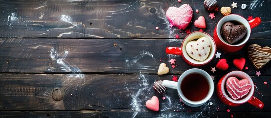 Poster - Valentine s Day theme with heart shaped mugs and sweets arranged on a dark wooden backdrop featuring copy space image