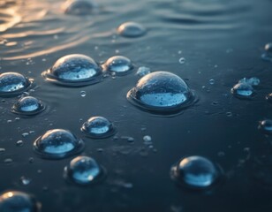 Wall Mural - Close Up Of Water Bubbles Floating On Calm Water Surface At Sunset. Generative AI