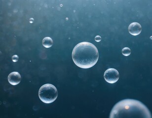 Wall Mural - Clear Water Bubbles Floating In Air Against A Teal Blue Background. Generative AI