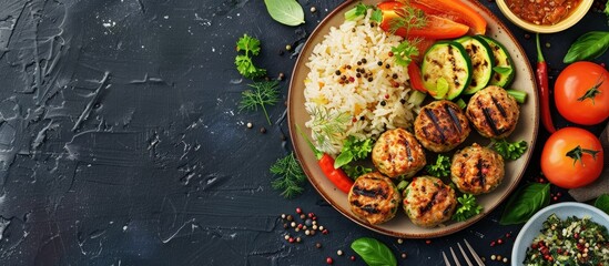 Poster - Rustic keto or paleo diet meal featuring vegetable meatballs grilled zucchini rice and veggies on a plate a healthy snack option with copy space on a food background