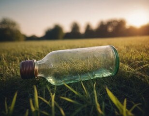 Wall Mural - A Glass Bottle Lies Abandoned in a Field of Grass at Sunset. Generative AI