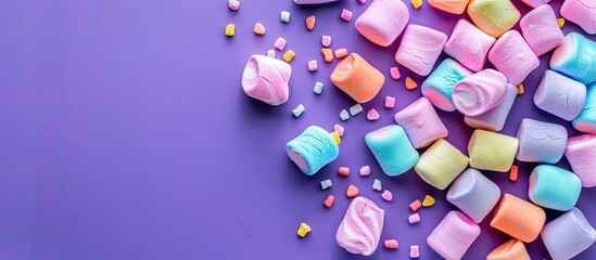 Aufkleber - A colorful marshmallow arrangement on a purple backdrop for a tabletop mockup featuring ample copy space image