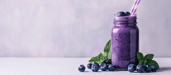 Aufkleber - Blueberry shake in a Mason jar on a white table conveying the concept of a smoothie with a blank space for writing or images. with copy space image. Place for adding text or design