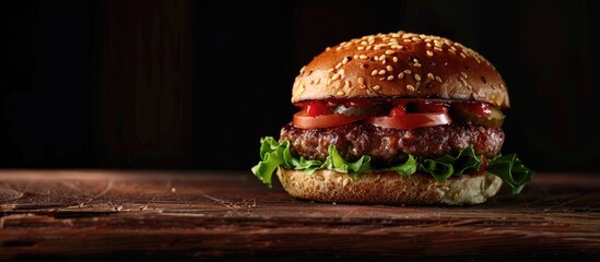 Poster - A freshly made burger is presented on a wooden surface with a dark background creating a visually appealing copy space image