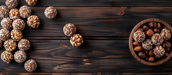 Fototapete - Top down view of nut balls dessert placed on a dark wooden table perfect for a delightful coffee break with a spacious copy space image