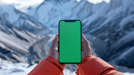 mockup of two hands holding smartphone with blank green screen, mount everest background, ai generat