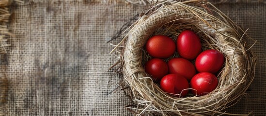 Poster - Straw nest with red eggs ideal for copy space image
