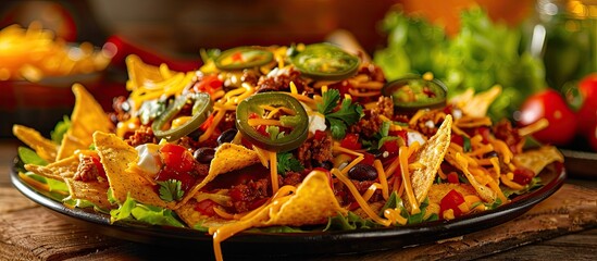 Aufkleber - Classic Tex Mex or Mexican restaurant menu item featuring a mix of nachos crispy chips cheddar cheese salsa meat black beans jalapenos guacamole sour cream and lettuce with a variety of toppings pres