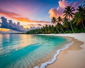 A tropical island paradise with palm trees, white sandy beach, crystal clear blue water, and a colorful sunset sky