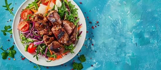 Aufkleber - Delicious Turkish kebab served on a white plate with a blue background perfect for a dinner concept with copy space image