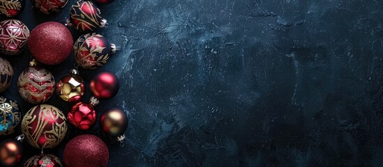 Poster - Dark background enhances the dramatic effect of Christmas ornaments arranged uniquely against negative space highlighting the holiday spirit Copy space image for a template