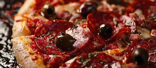 Poster - Salami and olive pizza with a variety of meats shown in a stunning copy space image