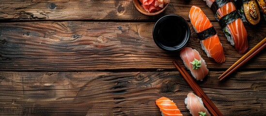 Fototapete - A top down view of sushi presented on a wooden table with ample copy space in the image