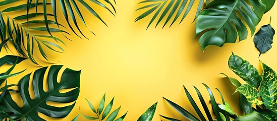 Leinwandbilder - Tropical foliage on yellow backdrop with copy space image