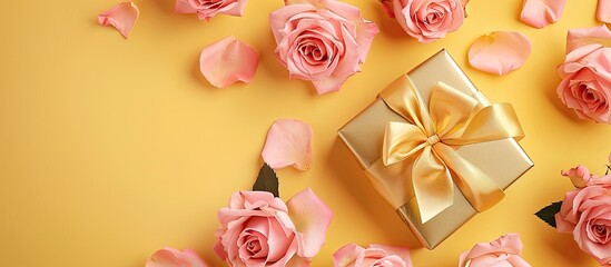 Leinwandbilder - A stunning display of pink roses and a gold gift box with a bow set on a gentle yellow paper background for a Valentine s Day greeting card This top down view offers a copy space image