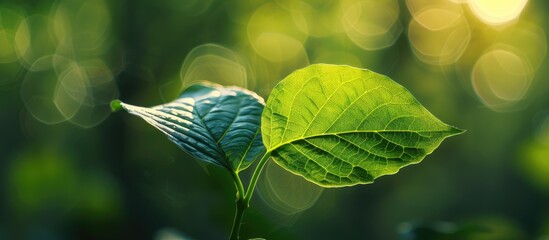 Aufkleber - Nature s beauty captured with a vibrant green leaf set against a blurred green backdrop bathed in sunlight Features bokeh effect and copy space image for an ecological wallpaper theme