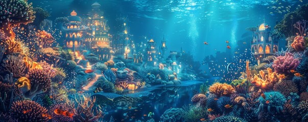 Sticker - A surreal underwater city built of coral and bioluminescent creatures, its inhabitants swimming through the glowing streets.