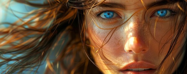 Wall Mural - A photorealistic portrait of a woman with piercing blue eyes and a warm smile, her hair flowing in the wind.