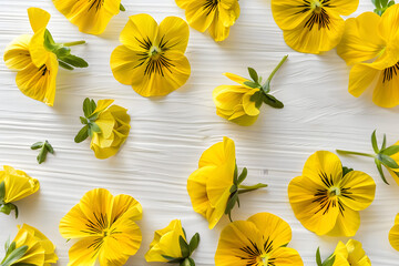 Wall Mural - floral flatlays with yellow pansies on white background ai generated