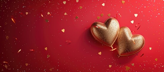 Wall Mural - Valentine s Day themed banner with two golden hearts and confetti on a red backdrop featuring copy space for text