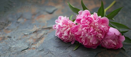 Poster - Pink peony flowers displayed elegantly on a stone backdrop with copy space image